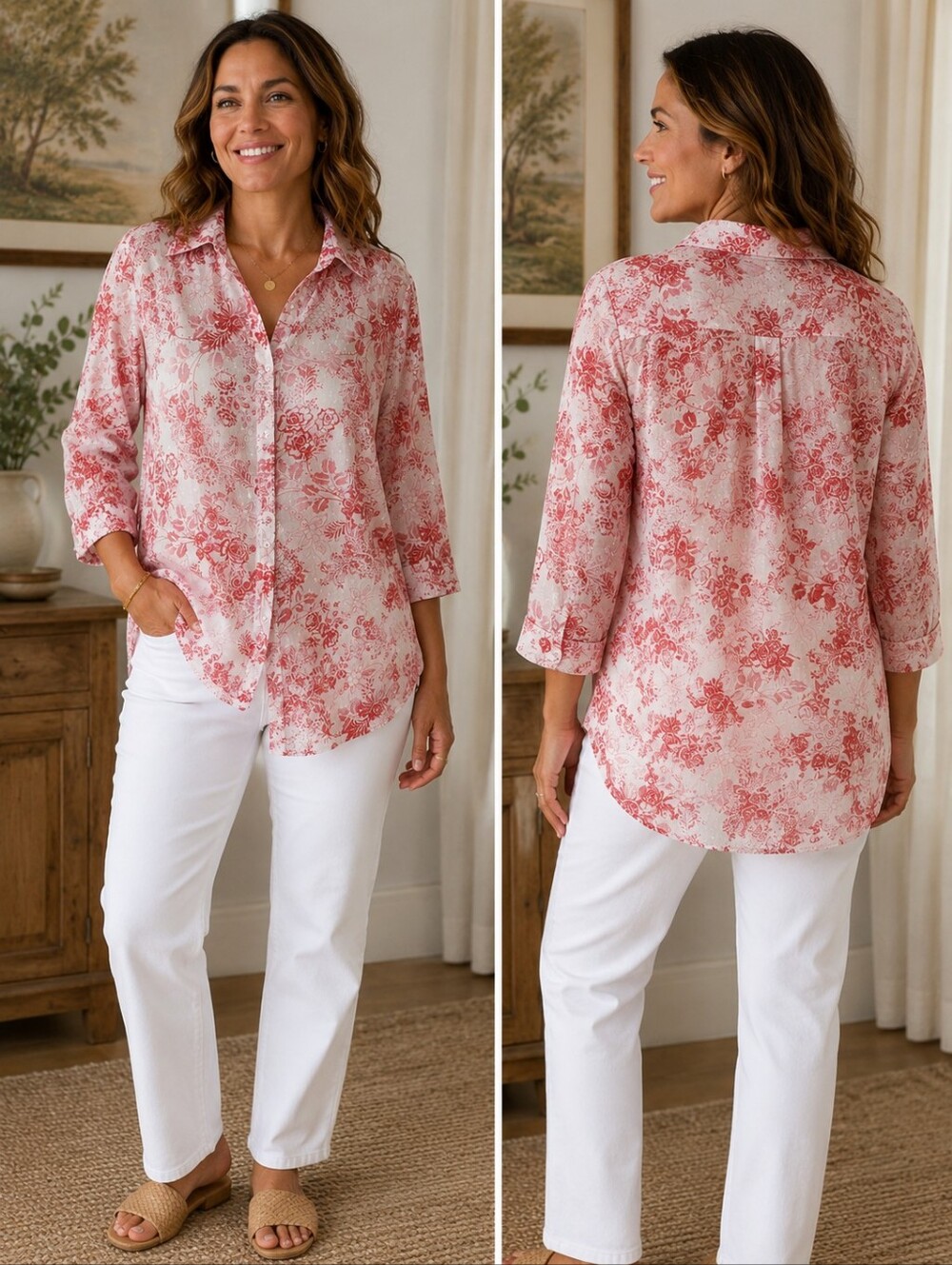 Coldwater Creek Floral Swiss Dot Button Up Blouse 1X Cottagecore Romantic Boho